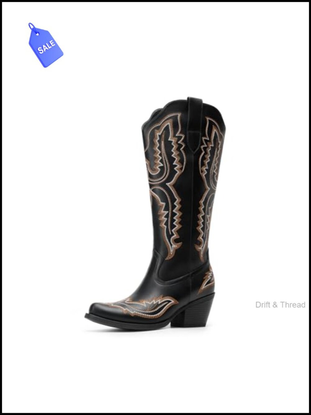 Knee High Western Cowboy Boots Faux Leather Square Toe Women